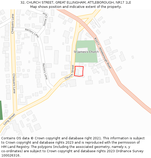 32, CHURCH STREET, GREAT ELLINGHAM, ATTLEBOROUGH, NR17 1LE: Location map and indicative extent of plot