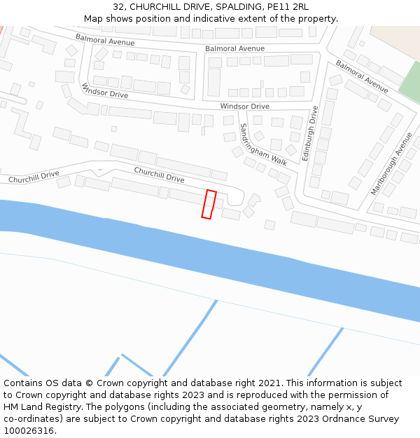 32, CHURCHILL DRIVE, SPALDING, PE11 2RL: Location map and indicative extent of plot