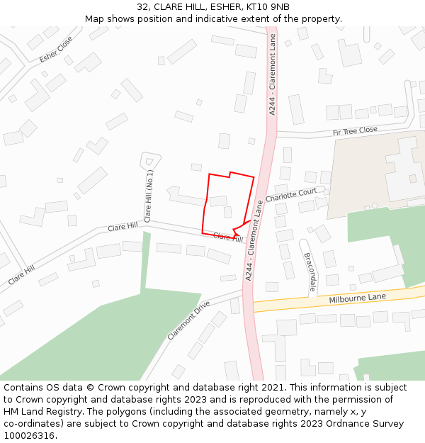 32, CLARE HILL, ESHER, KT10 9NB: Location map and indicative extent of plot