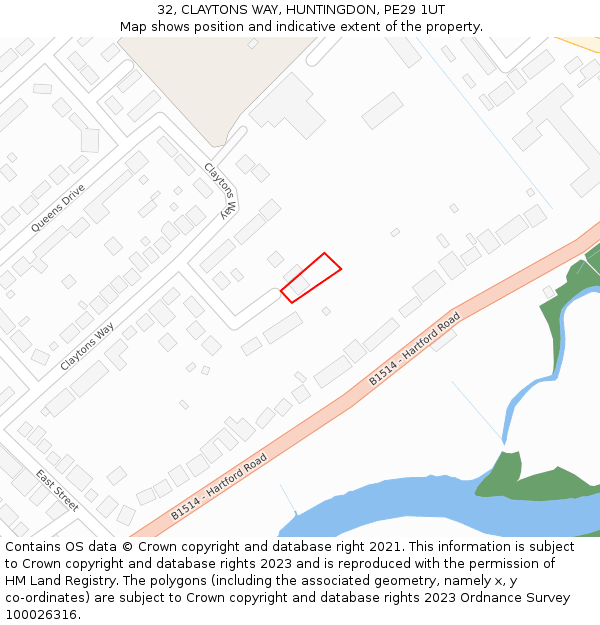 32, CLAYTONS WAY, HUNTINGDON, PE29 1UT: Location map and indicative extent of plot