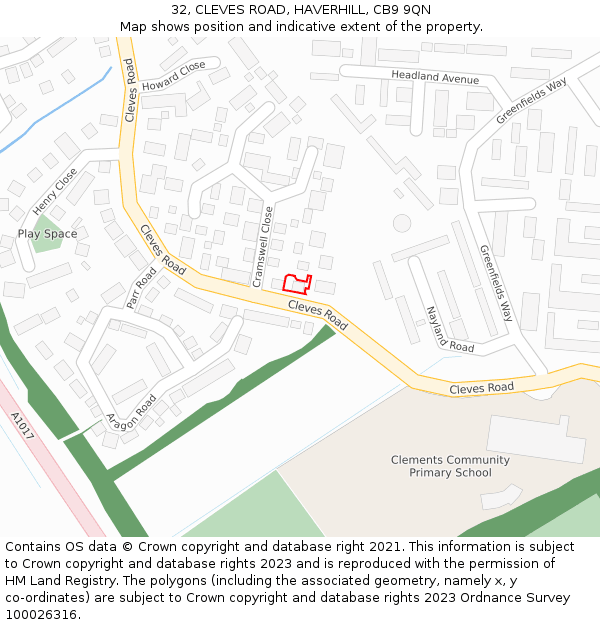 32, CLEVES ROAD, HAVERHILL, CB9 9QN: Location map and indicative extent of plot