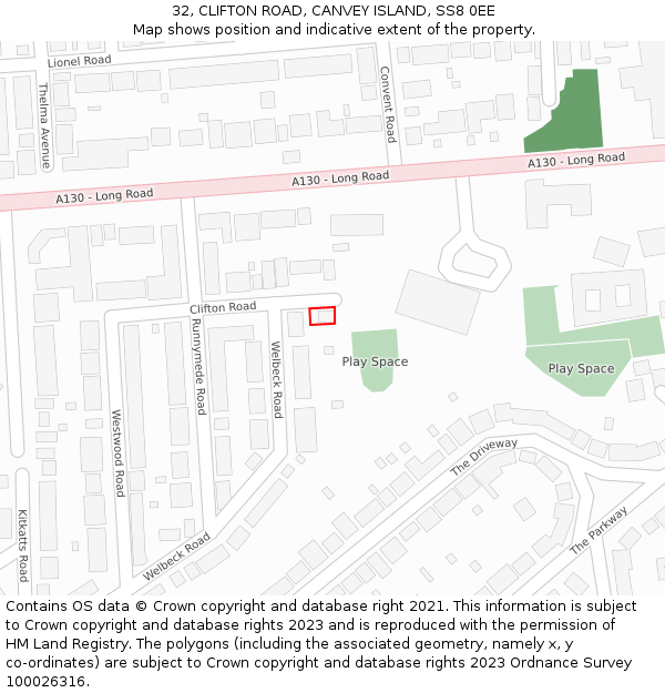 32, CLIFTON ROAD, CANVEY ISLAND, SS8 0EE: Location map and indicative extent of plot