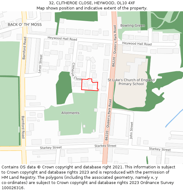 32, CLITHEROE CLOSE, HEYWOOD, OL10 4XF: Location map and indicative extent of plot