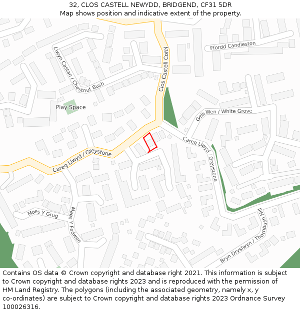 32, CLOS CASTELL NEWYDD, BRIDGEND, CF31 5DR: Location map and indicative extent of plot