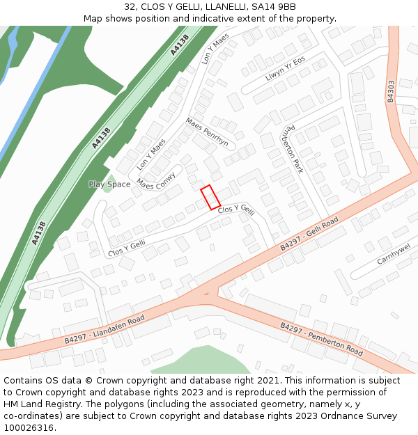 32, CLOS Y GELLI, LLANELLI, SA14 9BB: Location map and indicative extent of plot