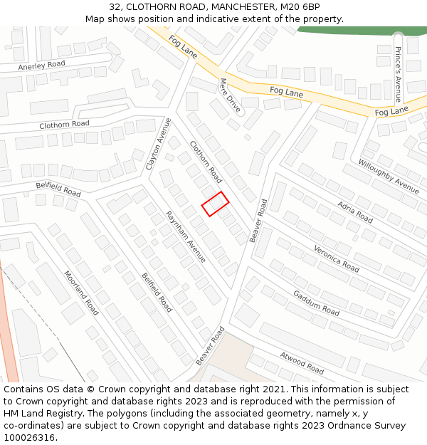 32, CLOTHORN ROAD, MANCHESTER, M20 6BP: Location map and indicative extent of plot