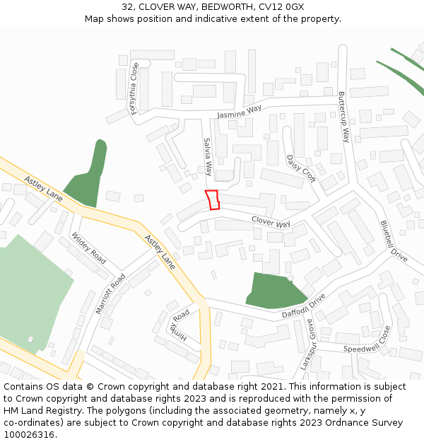 32, CLOVER WAY, BEDWORTH, CV12 0GX: Location map and indicative extent of plot