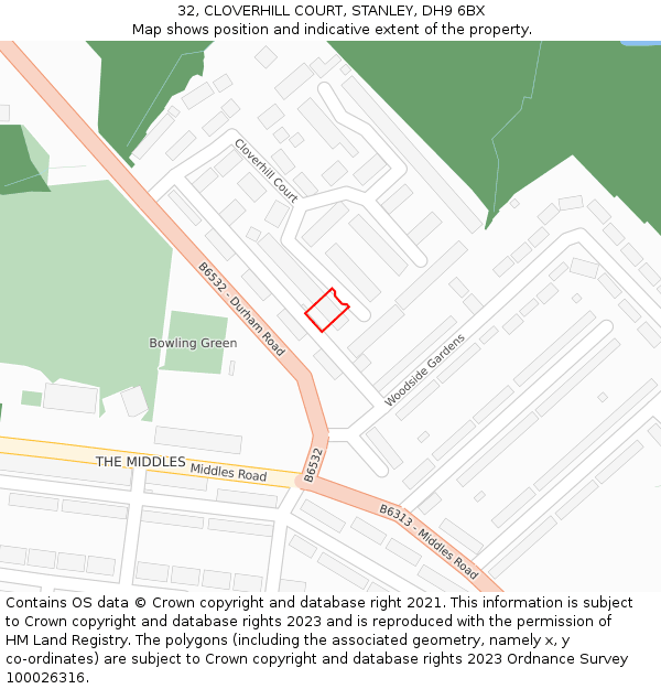 32, CLOVERHILL COURT, STANLEY, DH9 6BX: Location map and indicative extent of plot