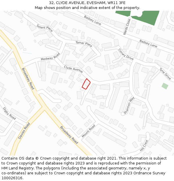32, CLYDE AVENUE, EVESHAM, WR11 3FE: Location map and indicative extent of plot