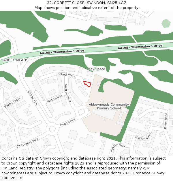 32, COBBETT CLOSE, SWINDON, SN25 4GZ: Location map and indicative extent of plot