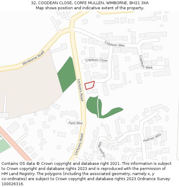 32, COGDEAN CLOSE, CORFE MULLEN, WIMBORNE, BH21 3XA: Location map and indicative extent of plot