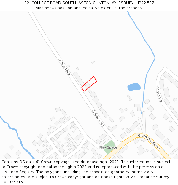 32, COLLEGE ROAD SOUTH, ASTON CLINTON, AYLESBURY, HP22 5FZ: Location map and indicative extent of plot