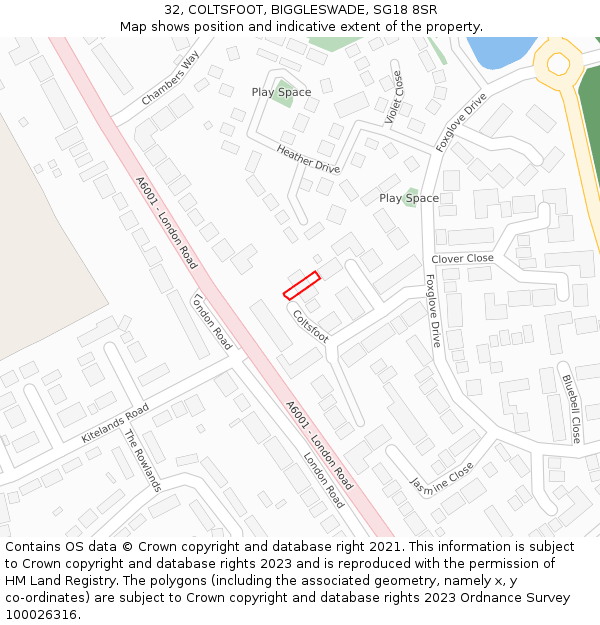 32, COLTSFOOT, BIGGLESWADE, SG18 8SR: Location map and indicative extent of plot