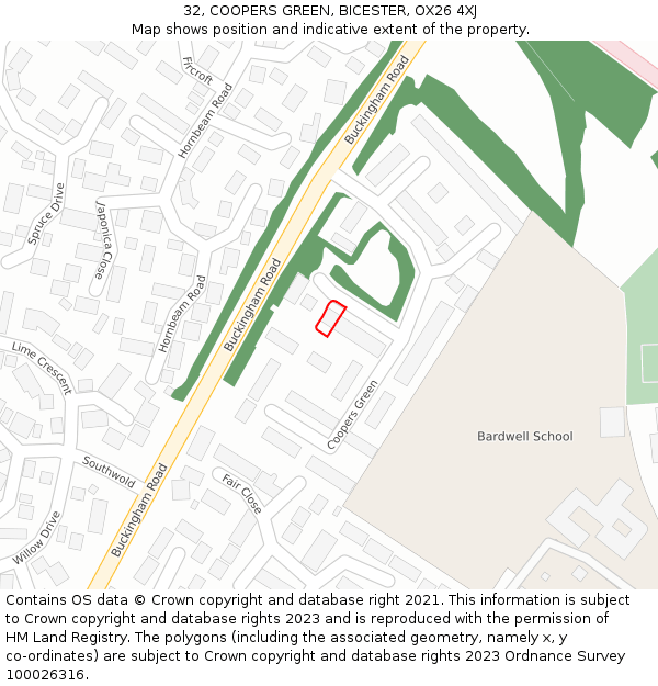 32, COOPERS GREEN, BICESTER, OX26 4XJ: Location map and indicative extent of plot