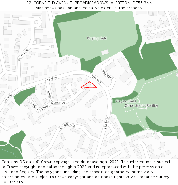 32, CORNFIELD AVENUE, BROADMEADOWS, ALFRETON, DE55 3NN: Location map and indicative extent of plot