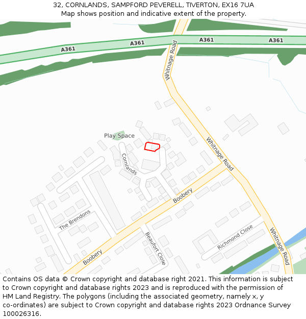 32, CORNLANDS, SAMPFORD PEVERELL, TIVERTON, EX16 7UA: Location map and indicative extent of plot