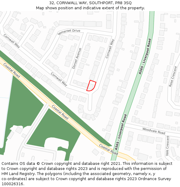 32, CORNWALL WAY, SOUTHPORT, PR8 3SQ: Location map and indicative extent of plot