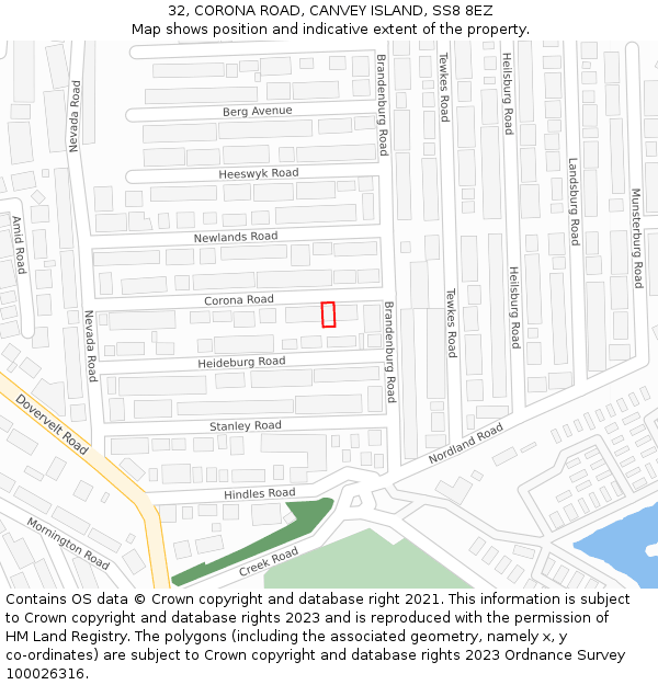 32, CORONA ROAD, CANVEY ISLAND, SS8 8EZ: Location map and indicative extent of plot