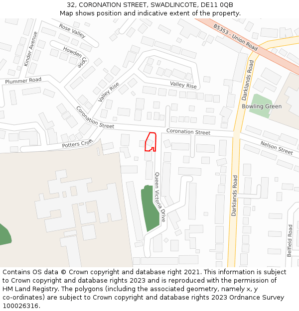 32, CORONATION STREET, SWADLINCOTE, DE11 0QB: Location map and indicative extent of plot