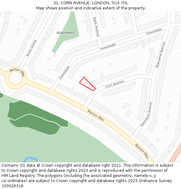 32, CORRI AVENUE, LONDON, N14 7HL: Location map and indicative extent of plot