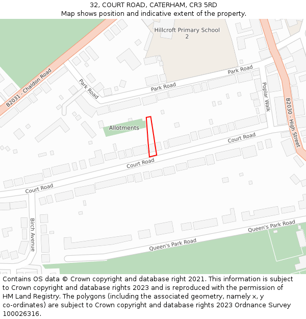 32, COURT ROAD, CATERHAM, CR3 5RD: Location map and indicative extent of plot