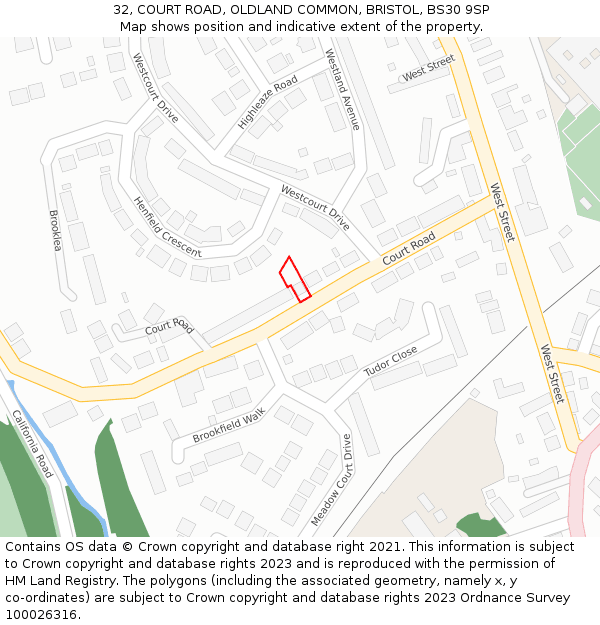 32, COURT ROAD, OLDLAND COMMON, BRISTOL, BS30 9SP: Location map and indicative extent of plot