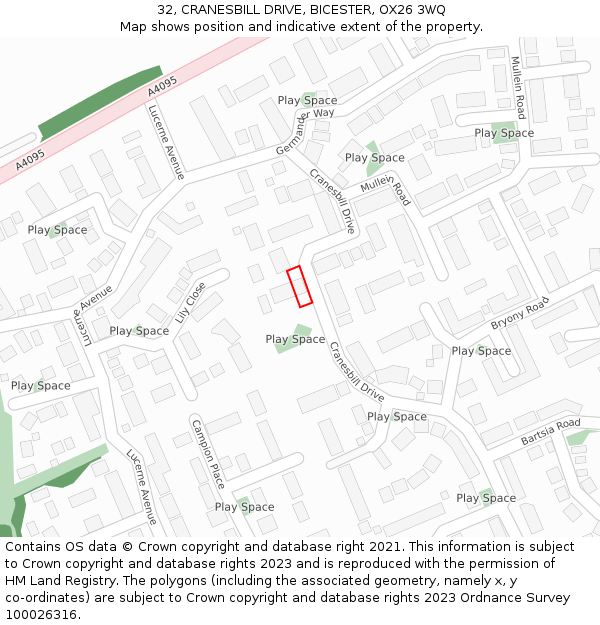 32, CRANESBILL DRIVE, BICESTER, OX26 3WQ: Location map and indicative extent of plot