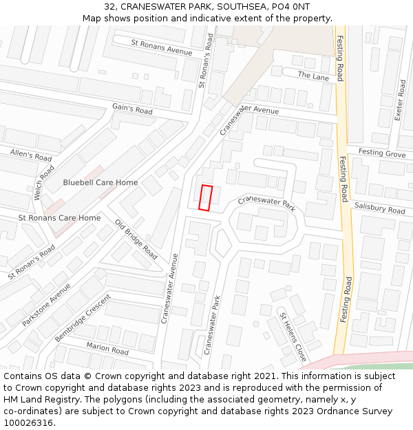 32, CRANESWATER PARK, SOUTHSEA, PO4 0NT: Location map and indicative extent of plot