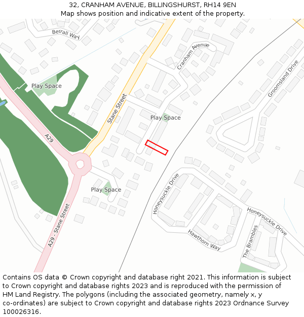 32, CRANHAM AVENUE, BILLINGSHURST, RH14 9EN: Location map and indicative extent of plot