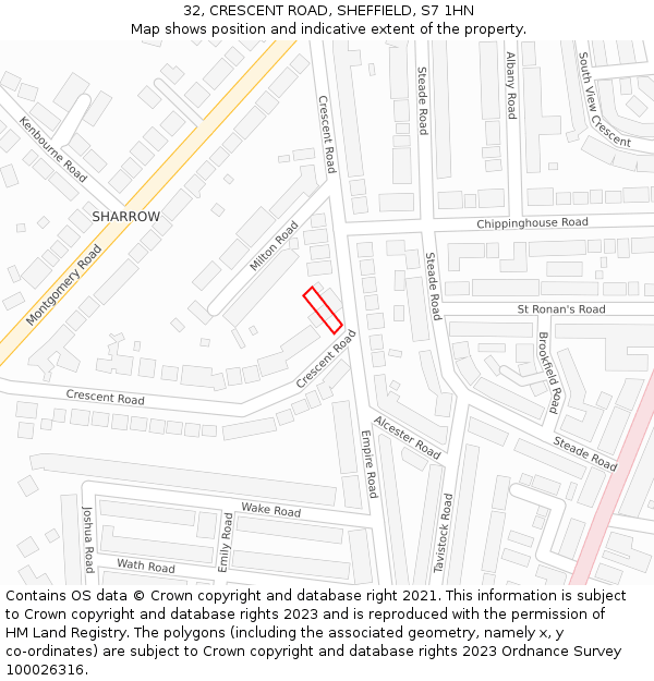 32, CRESCENT ROAD, SHEFFIELD, S7 1HN: Location map and indicative extent of plot