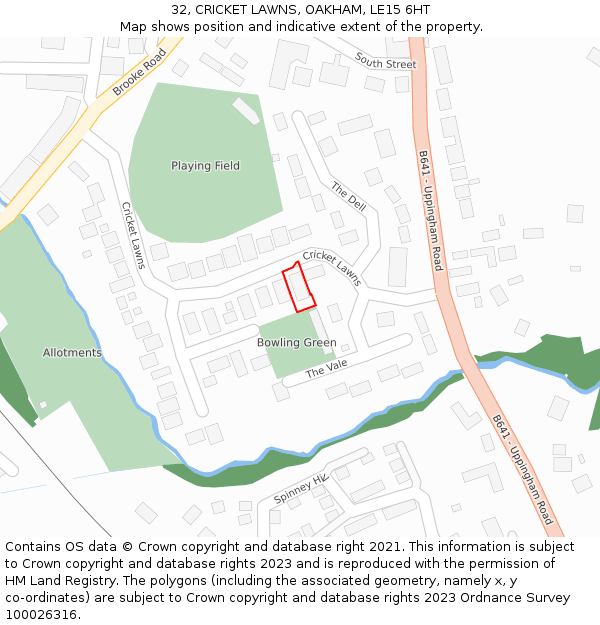 32, CRICKET LAWNS, OAKHAM, LE15 6HT: Location map and indicative extent of plot