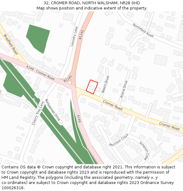 32, CROMER ROAD, NORTH WALSHAM, NR28 0HD: Location map and indicative extent of plot