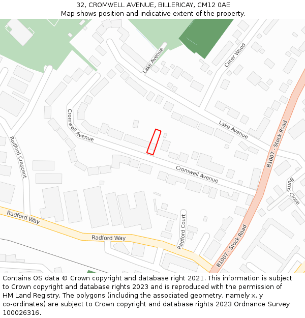 32, CROMWELL AVENUE, BILLERICAY, CM12 0AE: Location map and indicative extent of plot