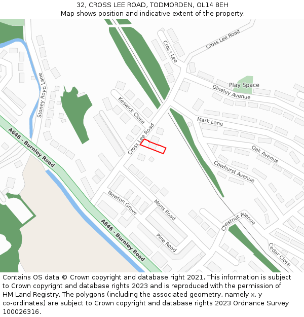 32, CROSS LEE ROAD, TODMORDEN, OL14 8EH: Location map and indicative extent of plot