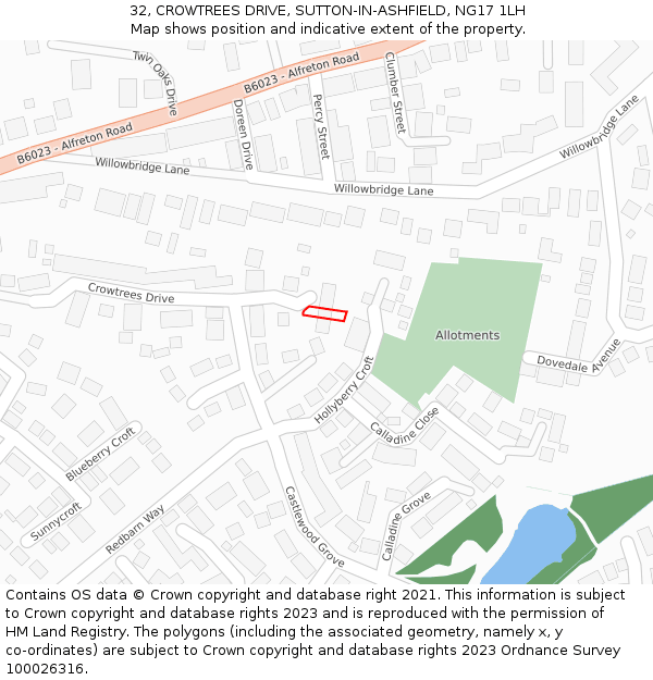 32, CROWTREES DRIVE, SUTTON-IN-ASHFIELD, NG17 1LH: Location map and indicative extent of plot