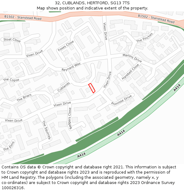 32, CUBLANDS, HERTFORD, SG13 7TS: Location map and indicative extent of plot