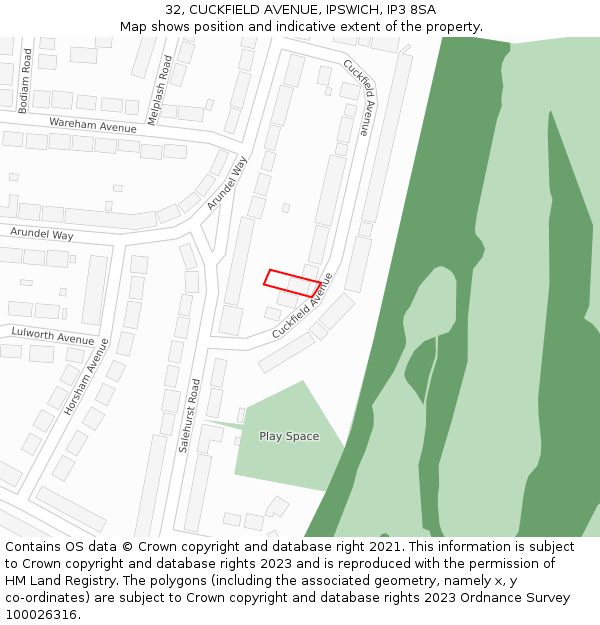 32, CUCKFIELD AVENUE, IPSWICH, IP3 8SA: Location map and indicative extent of plot