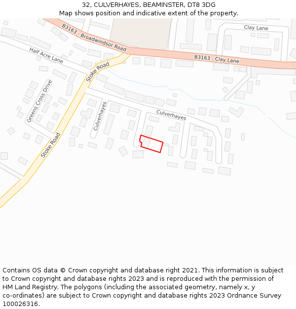 32, CULVERHAYES, BEAMINSTER, DT8 3DG: Location map and indicative extent of plot