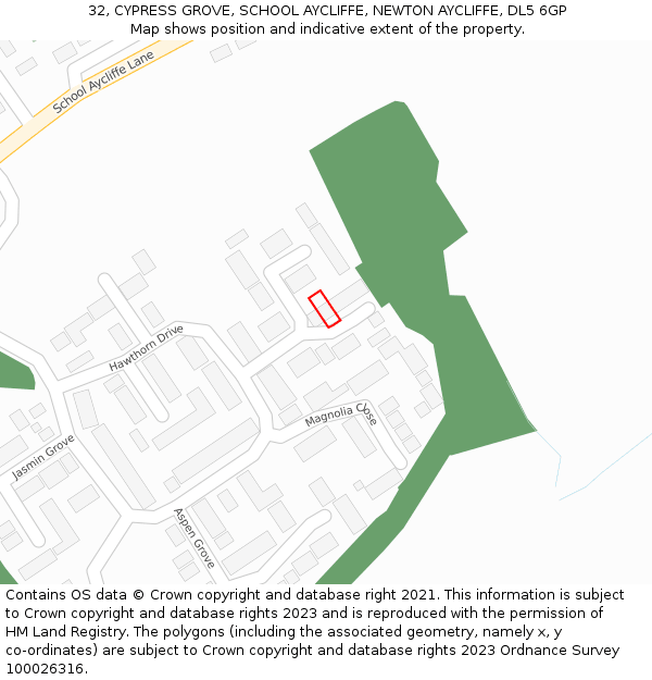32, CYPRESS GROVE, SCHOOL AYCLIFFE, NEWTON AYCLIFFE, DL5 6GP: Location map and indicative extent of plot