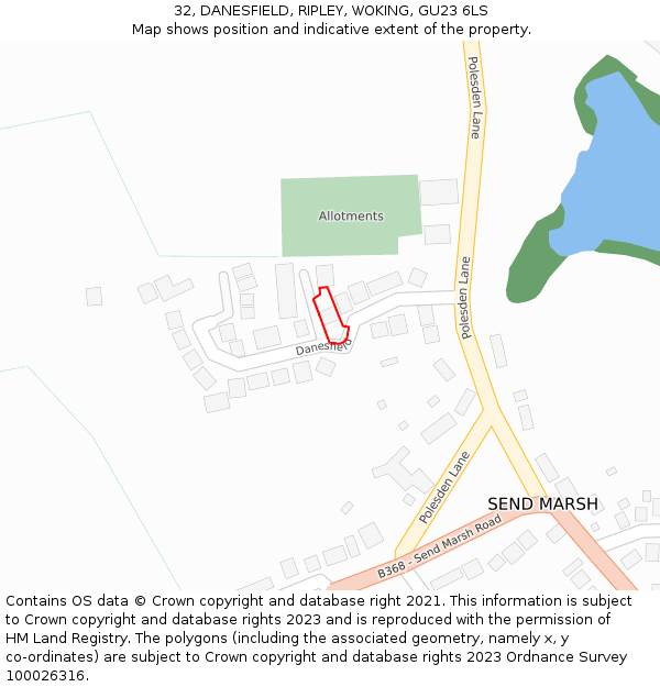 32, DANESFIELD, RIPLEY, WOKING, GU23 6LS: Location map and indicative extent of plot