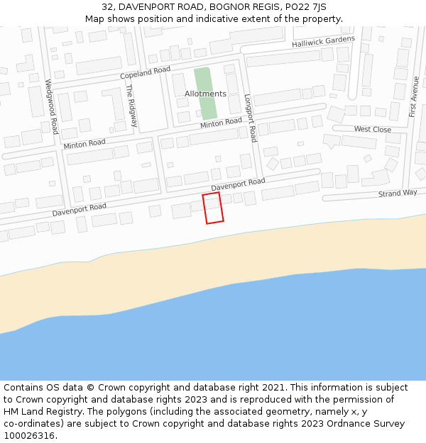 32, DAVENPORT ROAD, BOGNOR REGIS, PO22 7JS: Location map and indicative extent of plot