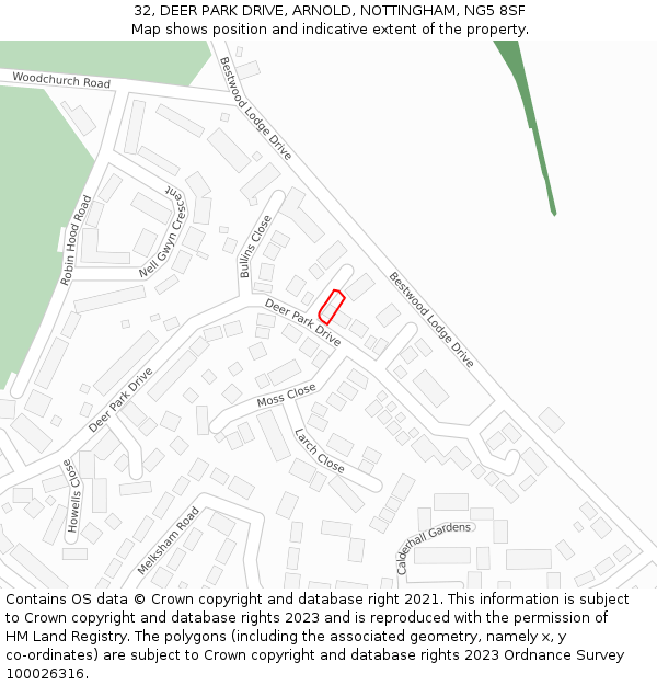 32, DEER PARK DRIVE, ARNOLD, NOTTINGHAM, NG5 8SF: Location map and indicative extent of plot