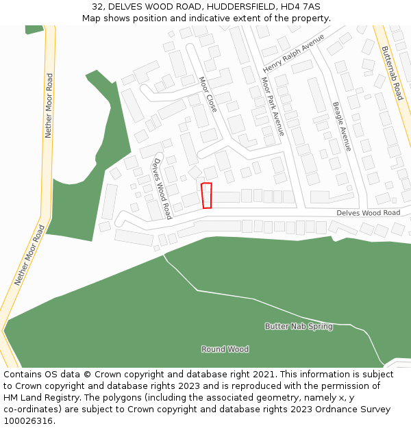 32, DELVES WOOD ROAD, HUDDERSFIELD, HD4 7AS: Location map and indicative extent of plot