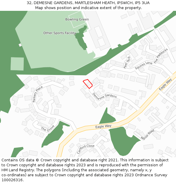 32, DEMESNE GARDENS, MARTLESHAM HEATH, IPSWICH, IP5 3UA: Location map and indicative extent of plot