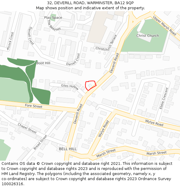 32, DEVERILL ROAD, WARMINSTER, BA12 9QP: Location map and indicative extent of plot