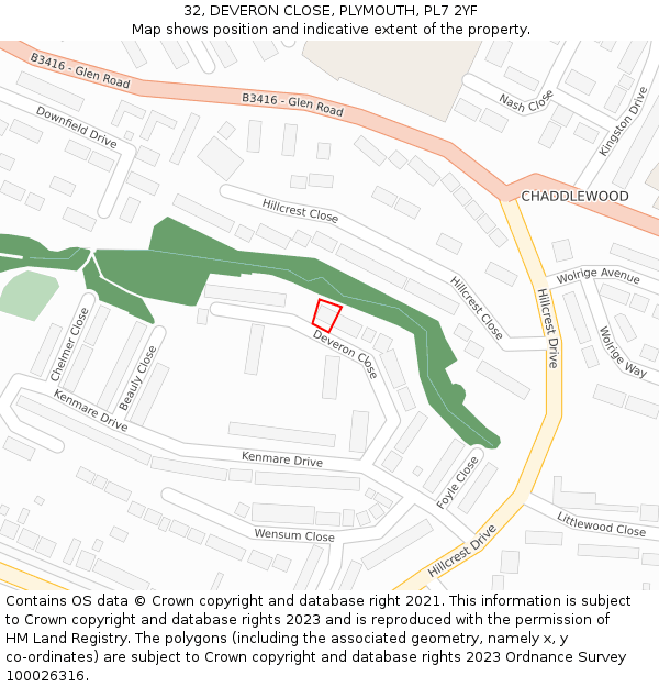 32, DEVERON CLOSE, PLYMOUTH, PL7 2YF: Location map and indicative extent of plot