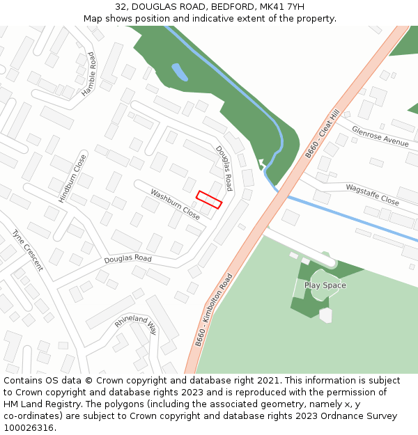 32, DOUGLAS ROAD, BEDFORD, MK41 7YH: Location map and indicative extent of plot