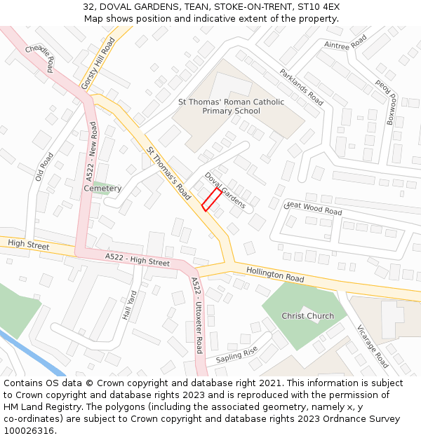 32, DOVAL GARDENS, TEAN, STOKE-ON-TRENT, ST10 4EX: Location map and indicative extent of plot