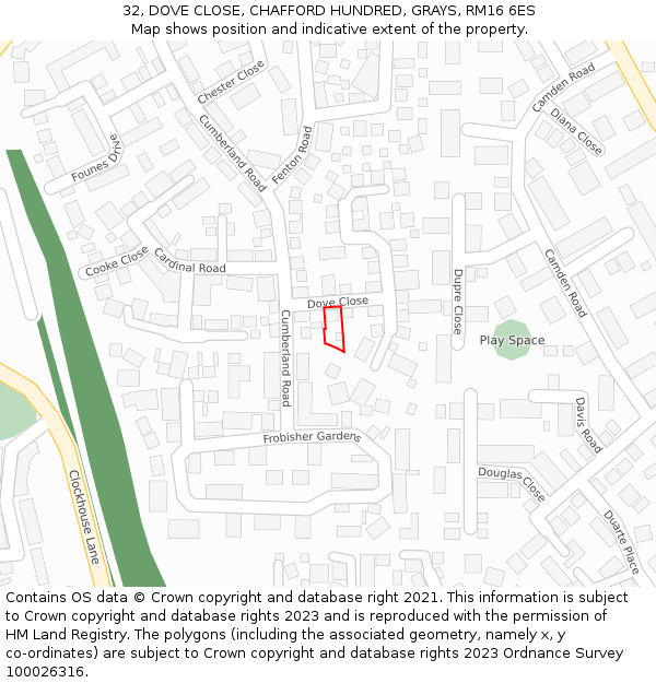 32, DOVE CLOSE, CHAFFORD HUNDRED, GRAYS, RM16 6ES: Location map and indicative extent of plot