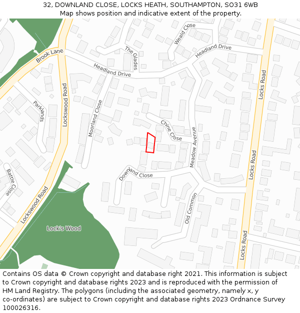 32, DOWNLAND CLOSE, LOCKS HEATH, SOUTHAMPTON, SO31 6WB: Location map and indicative extent of plot